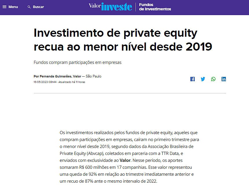 Investimento de private equity recua ao menor nvel desde 2019